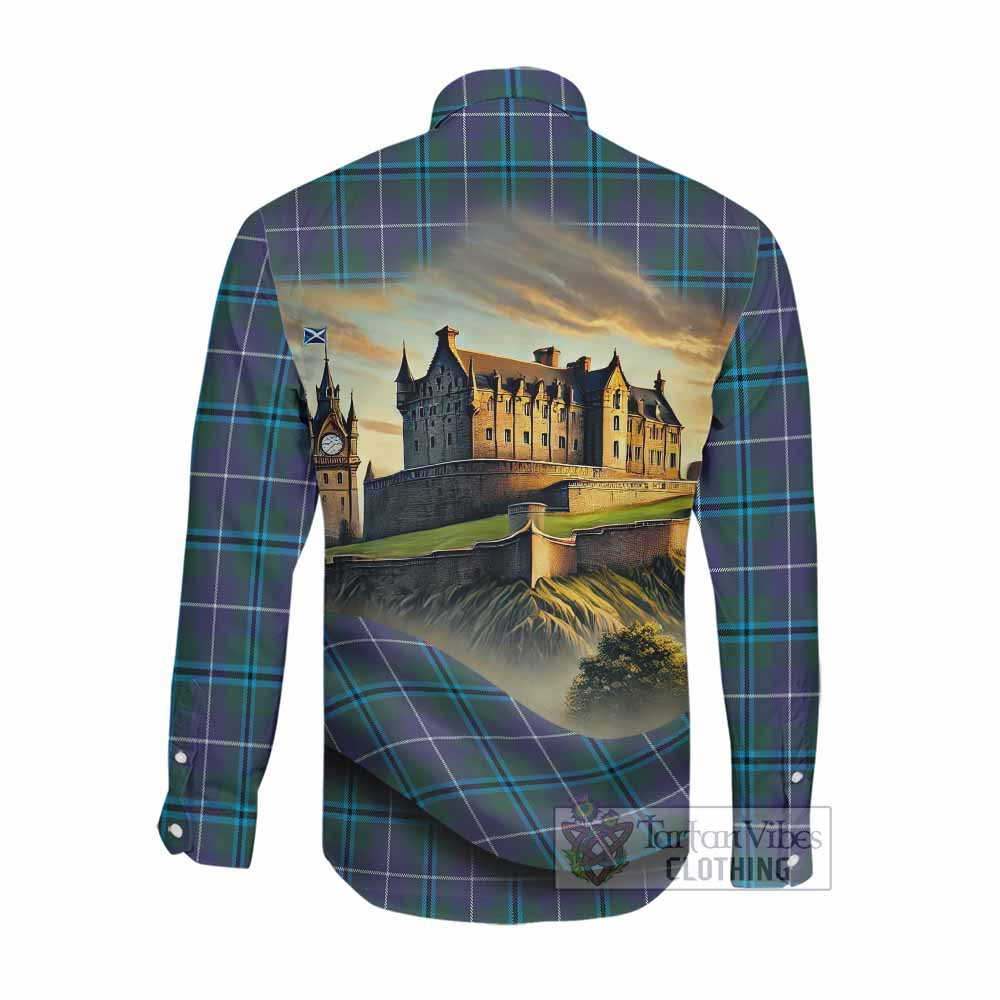 Tartan Vibes Clothing Sandilands Tartan Family Crest Long Sleeve Button Shirt with Scottish Ancient Castle Style