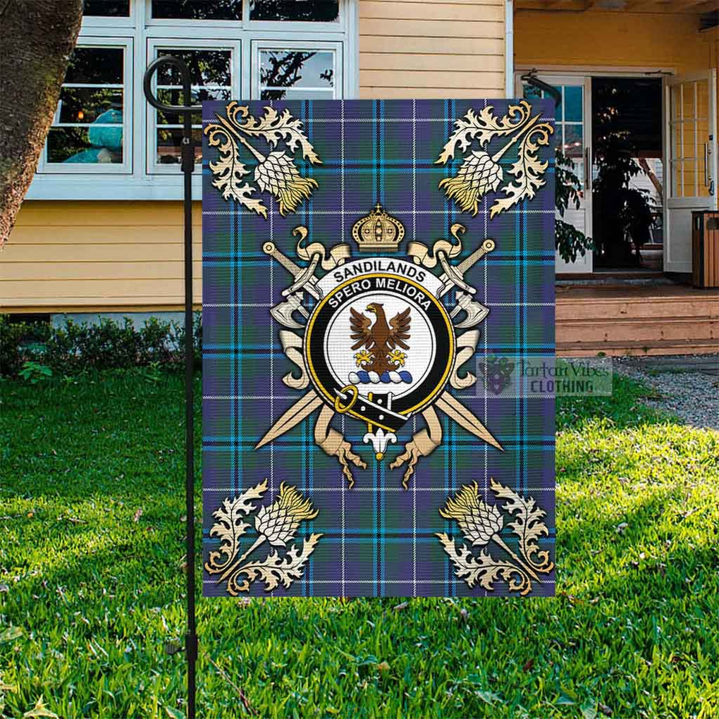 Tartan Vibes Clothing Sandilands Tartan Flag with Family Crest and Golden Thistle Crossed Sword Design