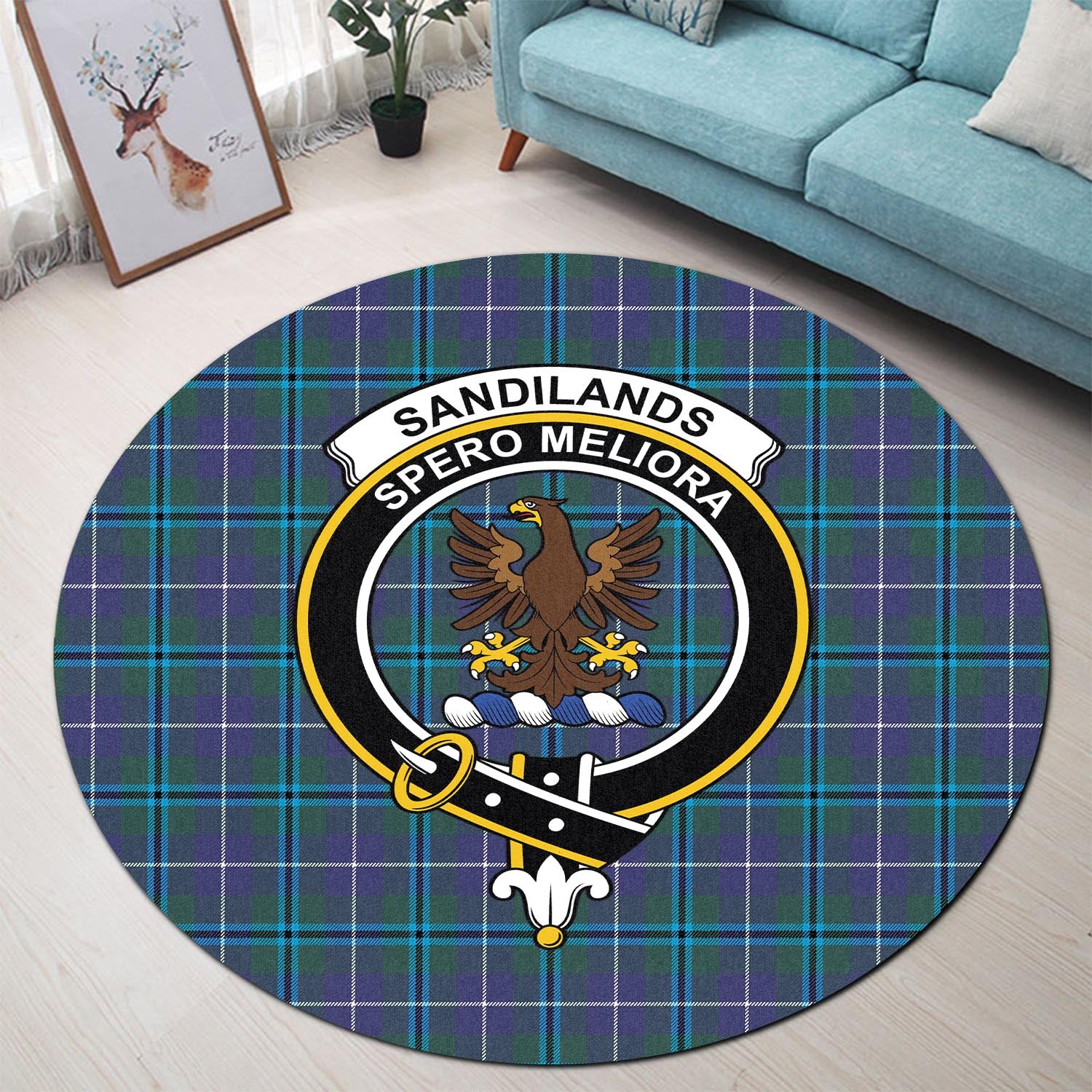 sandilands-tartan-round-rug-with-family-crest