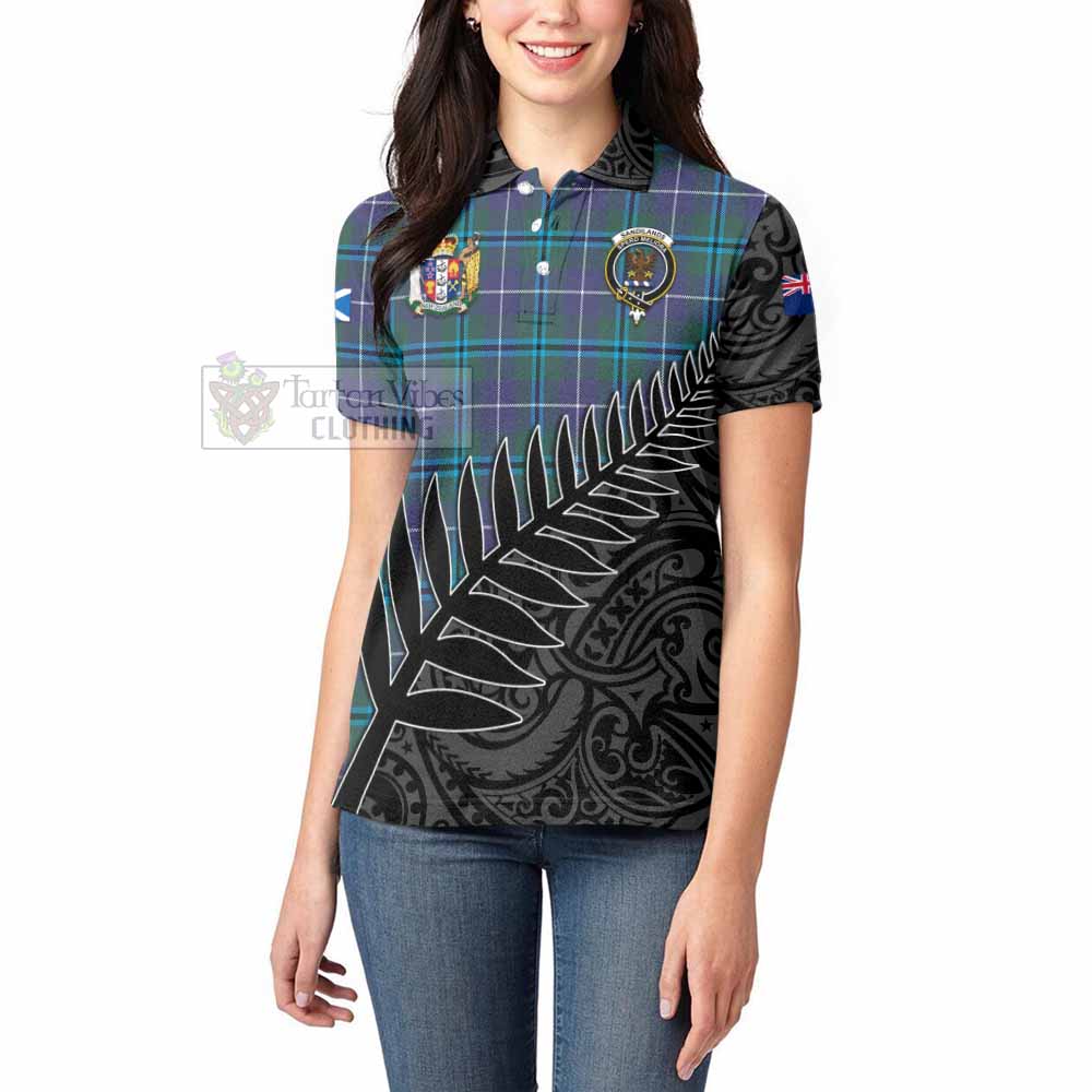 Tartan Vibes Clothing Sandilands Crest Tartan Women's Polo Shirt with New Zealand Silver Fern Half Style