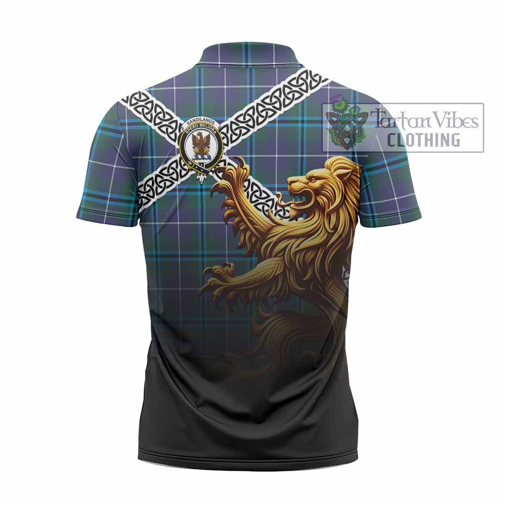 Tartan Vibes Clothing Sandilands Crest Tartan Zipper Polo Shirt with Golden Lion Emblem Celtic Style