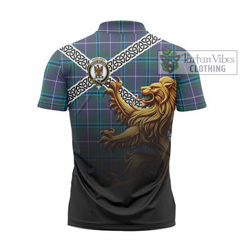 Sandilands Crest Tartan Zipper Polo Shirt with Golden Lion Emblem Celtic Style
