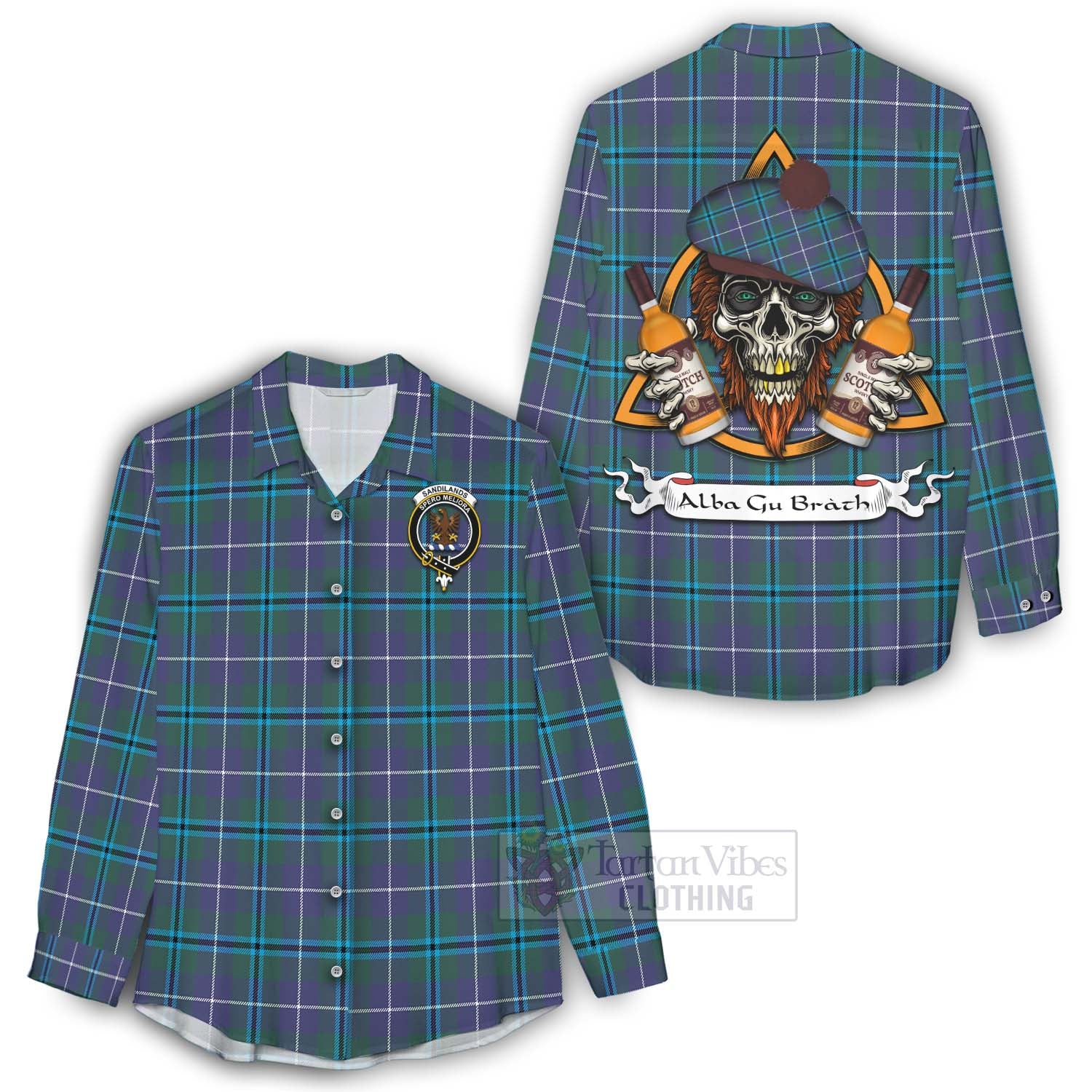 Tartan Vibes Clothing Sandilands Tartan Women's Casual Shirt with Family Crest and Bearded Skull Holding Bottles of Whiskey