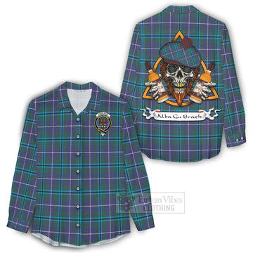 Sandilands Tartan Women's Casual Shirt with Family Crest and Bearded Skull Holding Bottles of Whiskey