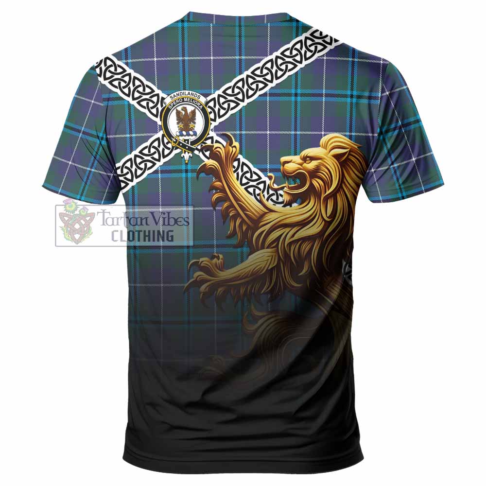 Tartan Vibes Clothing Sandilands Crest Tartan T-Shirt with Golden Lion Emblem Celtic Style