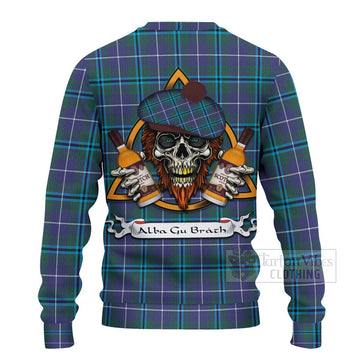 Tartan Vibes Clothing Sandilands Tartan Knitted Sweater with Family Crest and Bearded Skull Holding Bottles of Whiskey
