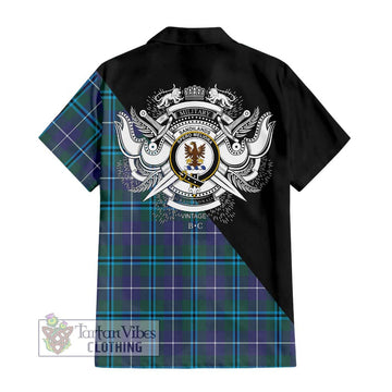 Sandilands Tartan Short Sleeve Button Shirt with Family Crest and Military Logo Style - Tartanvibesclothing Shop