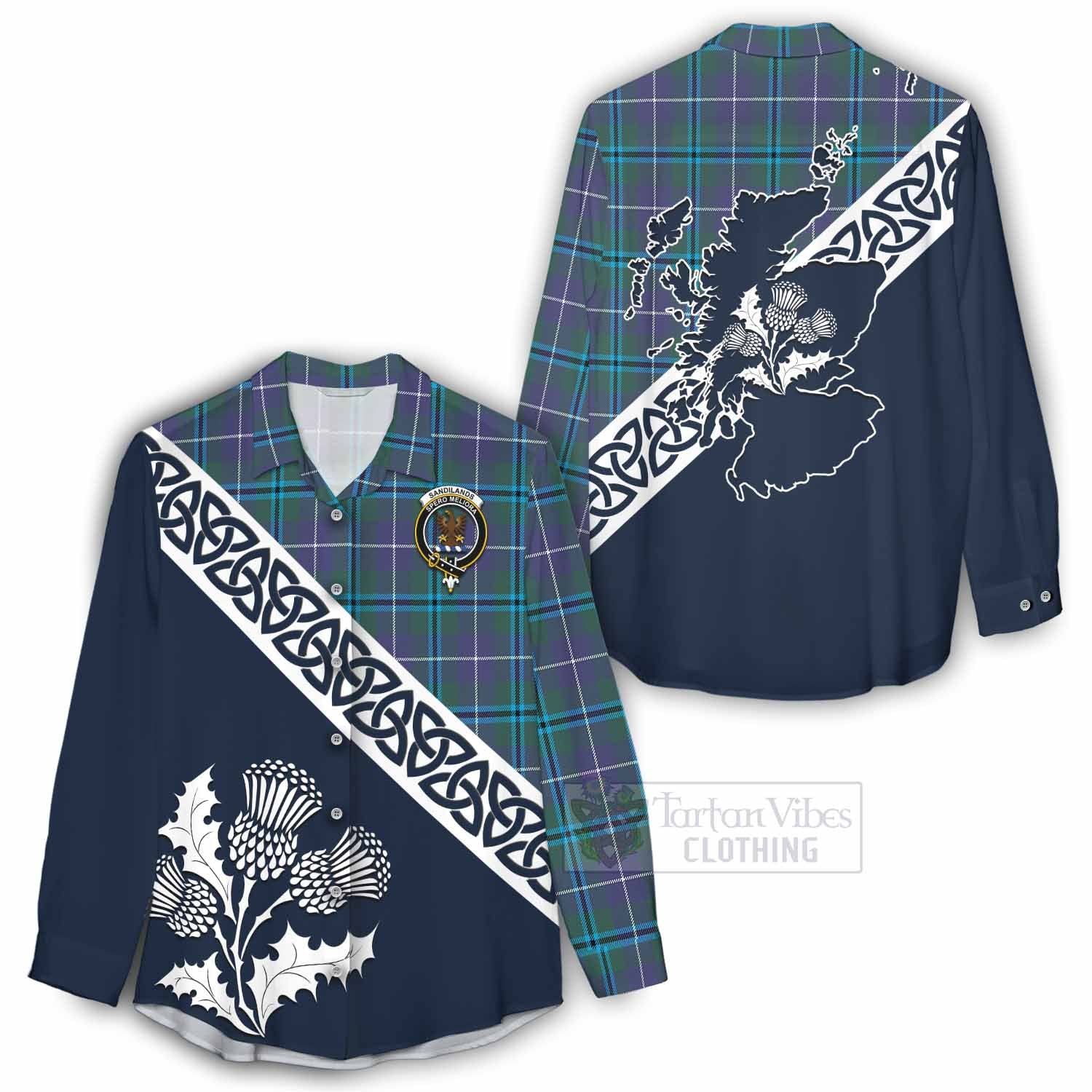 Tartan Vibes Clothing Sandilands Tartan Women's Casual Shirt Featuring Thistle and Scotland Map