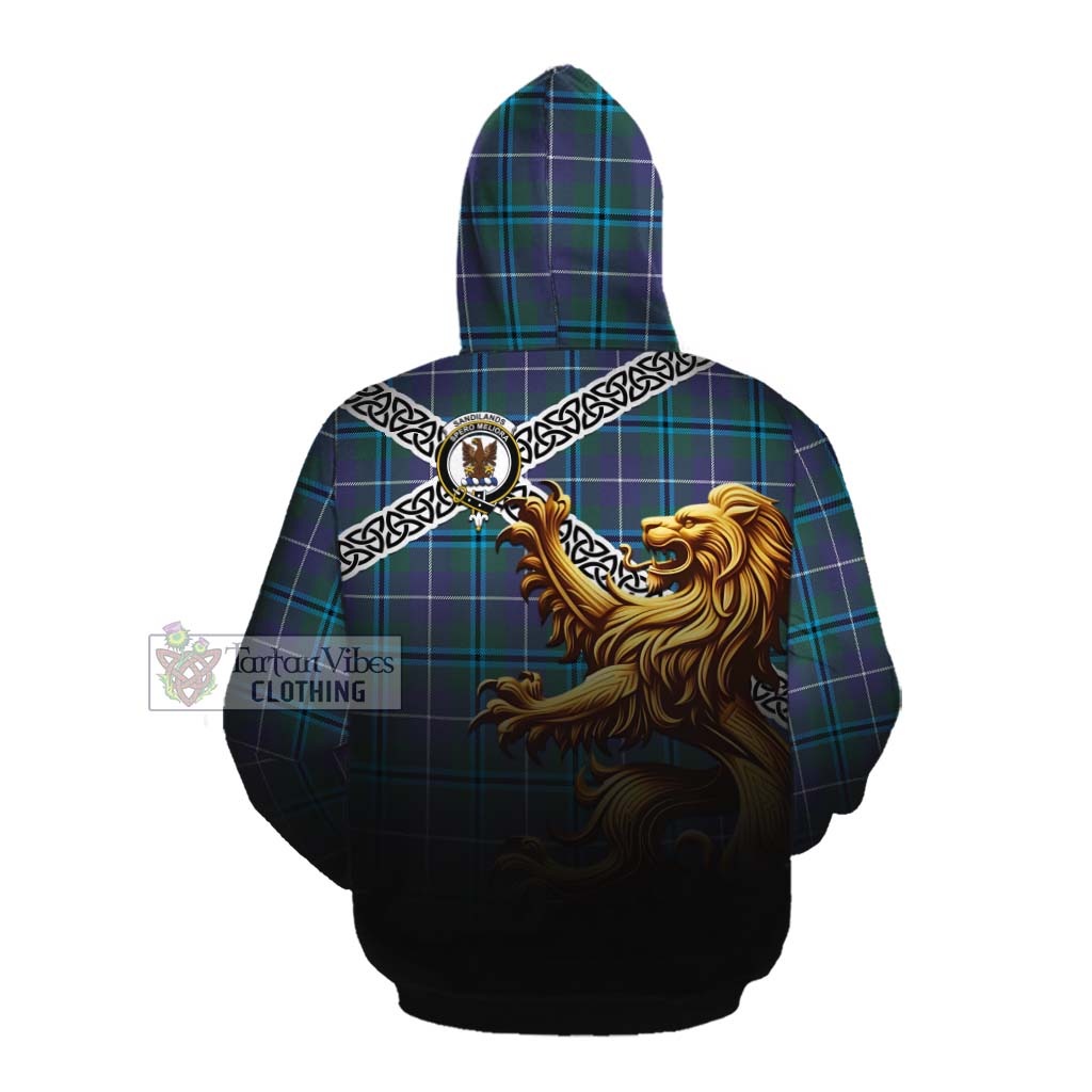Tartan Vibes Clothing Sandilands Crest Tartan Cotton Hoodie with Golden Lion Emblem Celtic Style