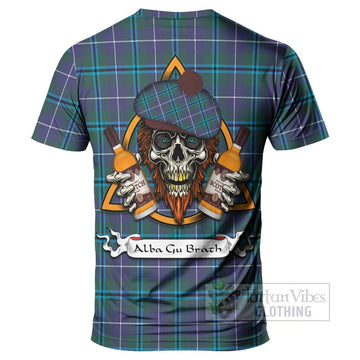 Tartan Vibes Clothing Sandilands Tartan T-Shirt with Family Crest and Bearded Skull Holding Bottles of Whiskey