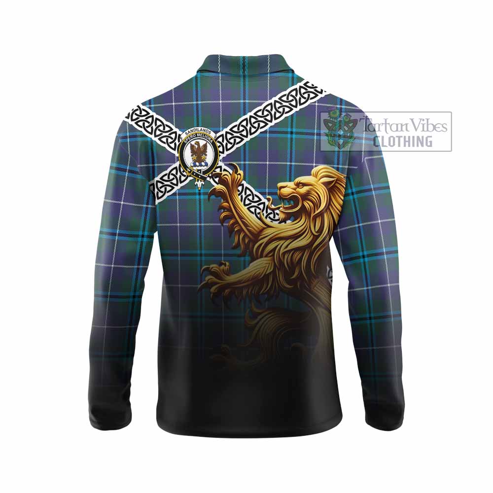 Tartan Vibes Clothing Sandilands Crest Tartan Long Sleeve Polo Shirt with Golden Lion Emblem Celtic Style