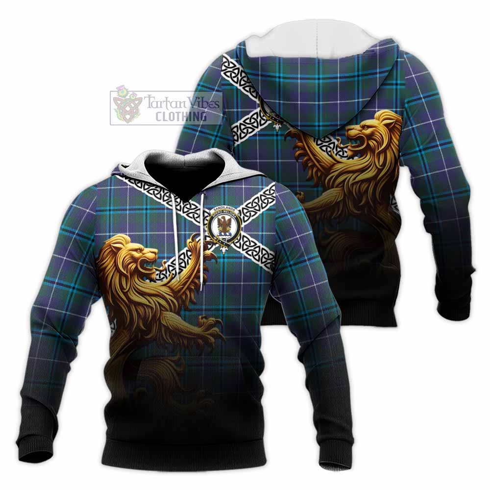 Tartan Vibes Clothing Sandilands Crest Tartan Knitted Hoodie with Golden Lion Emblem Celtic Style