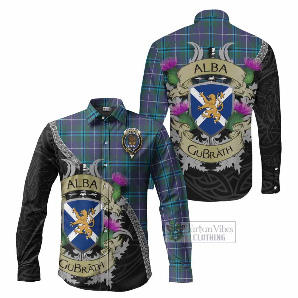 Tartan Vibes Clothing Sandilands Tartan Family Crest Long Sleeve Button Shirt Lion Rampant Royal Thistle Shield Celtic Inspired