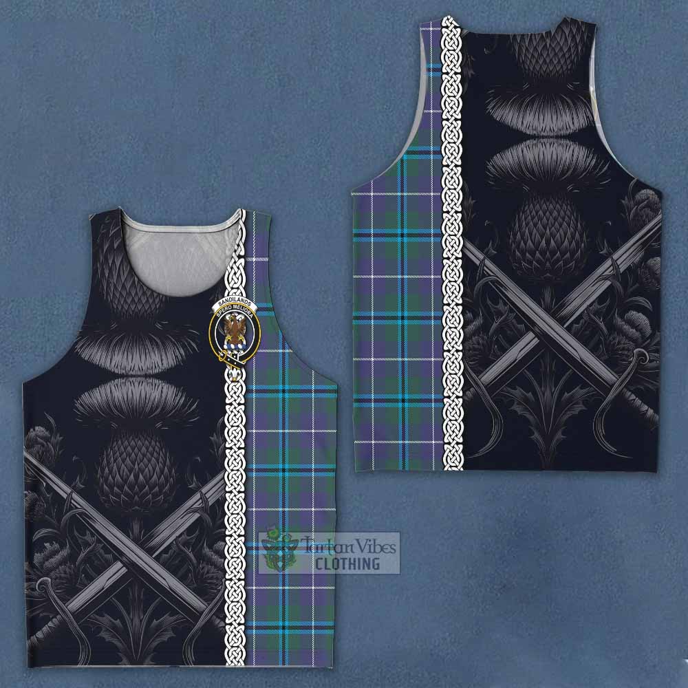 Tartan Vibes Clothing Sandilands Tartan Men's Tank Top with Family Crest Cross Sword Thistle Celtic Vibes