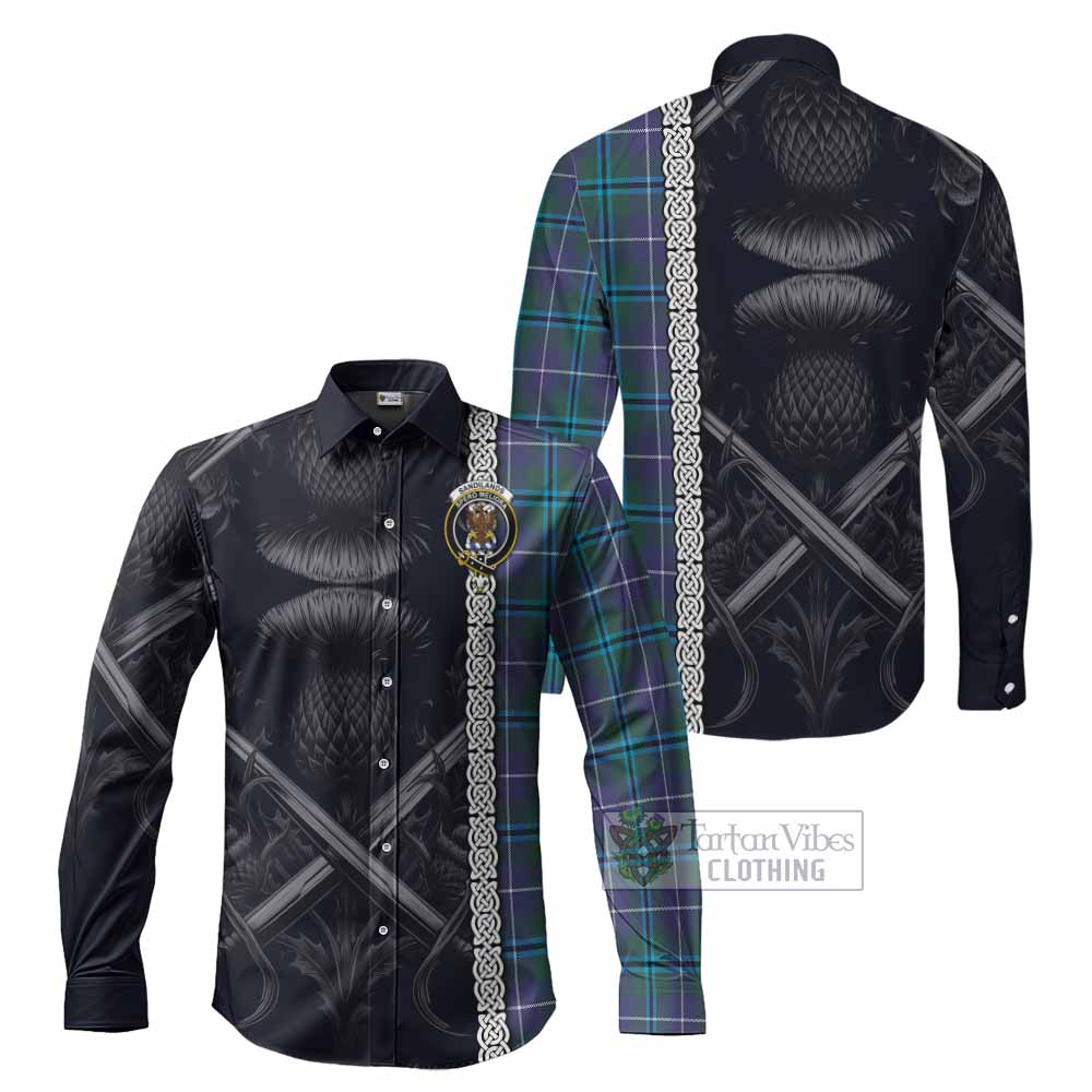 Tartan Vibes Clothing Sandilands Tartan Long Sleeve Button Shirt with Family Crest Cross Sword Thistle Celtic Vibes