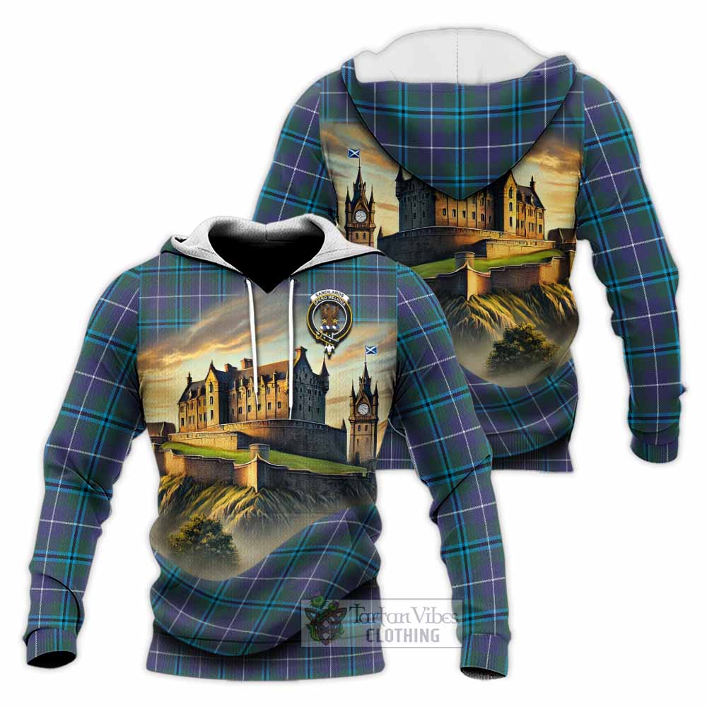 Tartan Vibes Clothing Sandilands Tartan Family Crest Knitted Hoodie with Scottish Ancient Castle Style