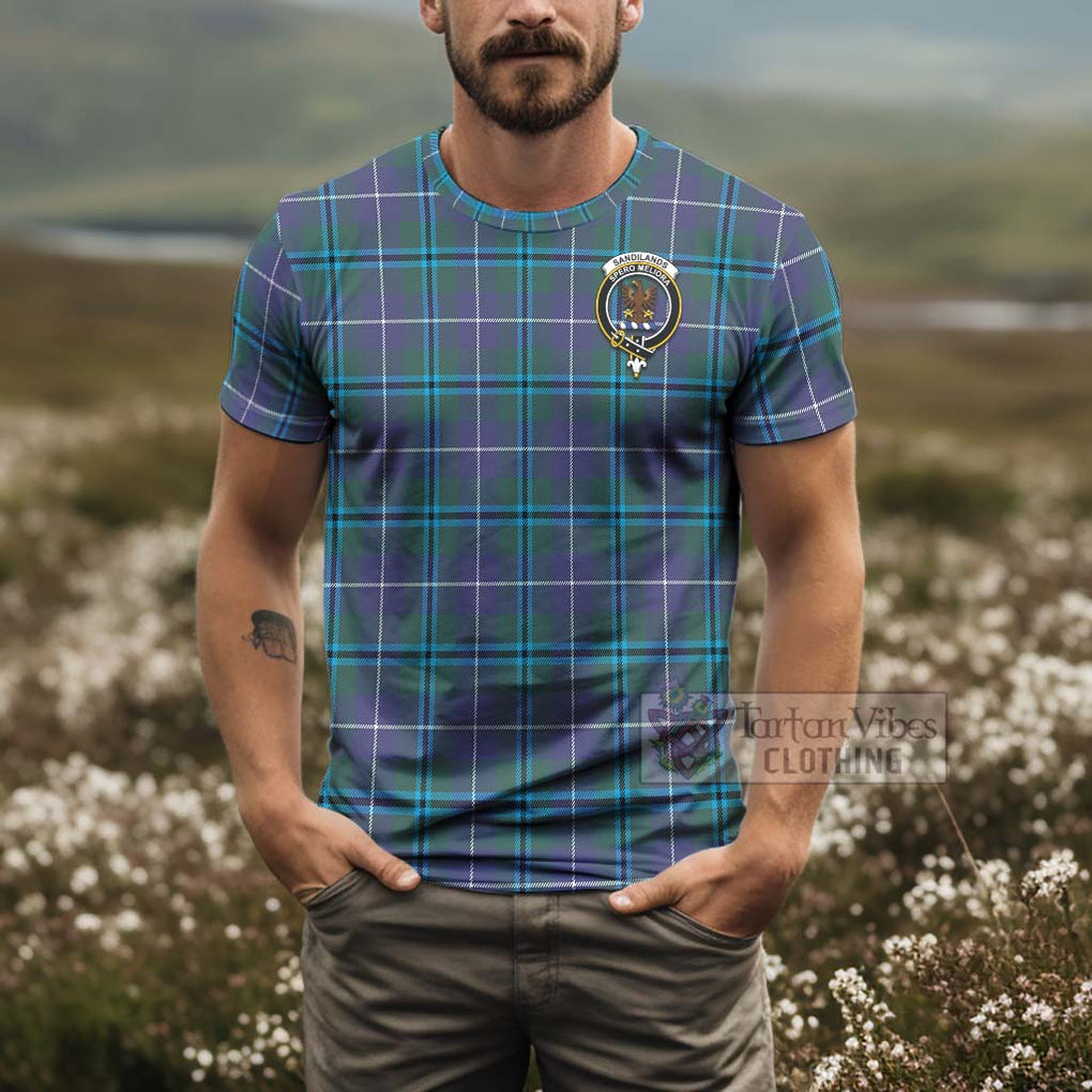 Tartan Vibes Clothing Sandilands Tartan T-Shirt with Family Crest and Bearded Skull Holding Bottles of Whiskey