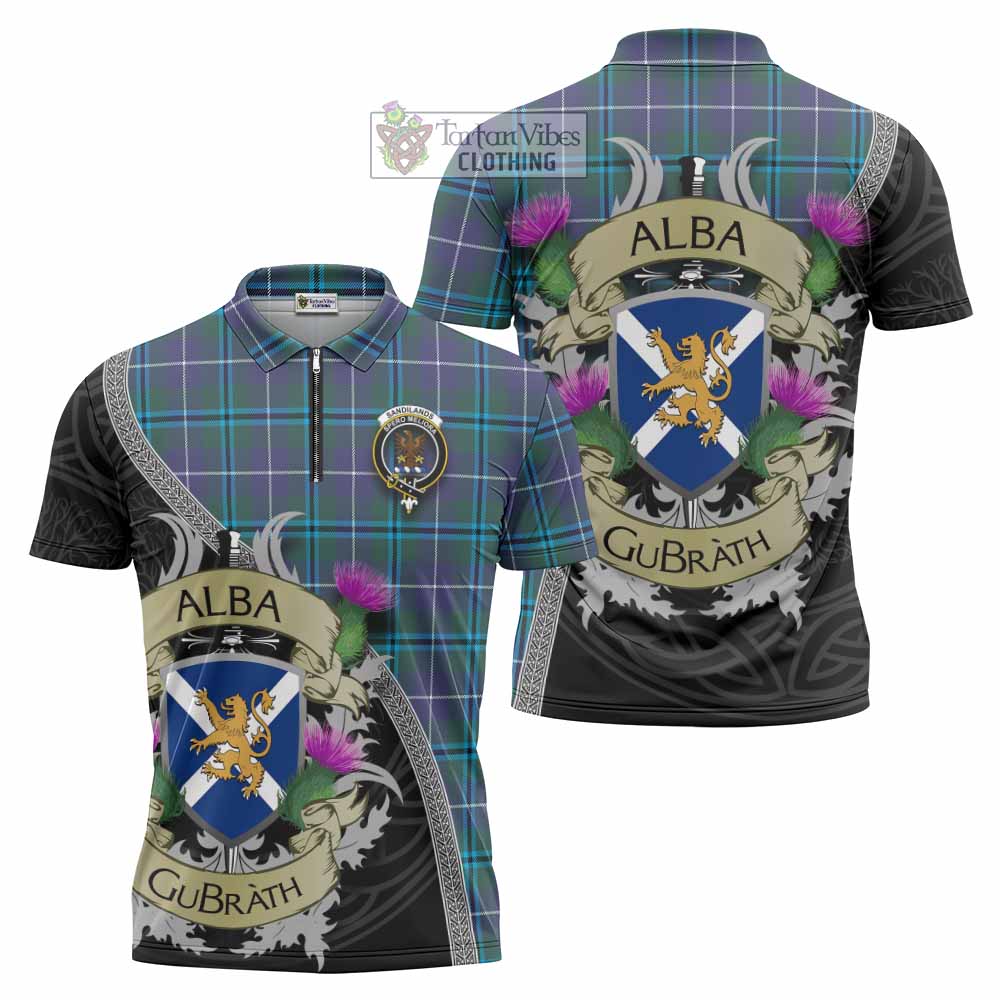 Tartan Vibes Clothing Sandilands Tartan Family Crest Zipper Polo Shirt Lion Rampant Royal Thistle Shield Celtic Inspired