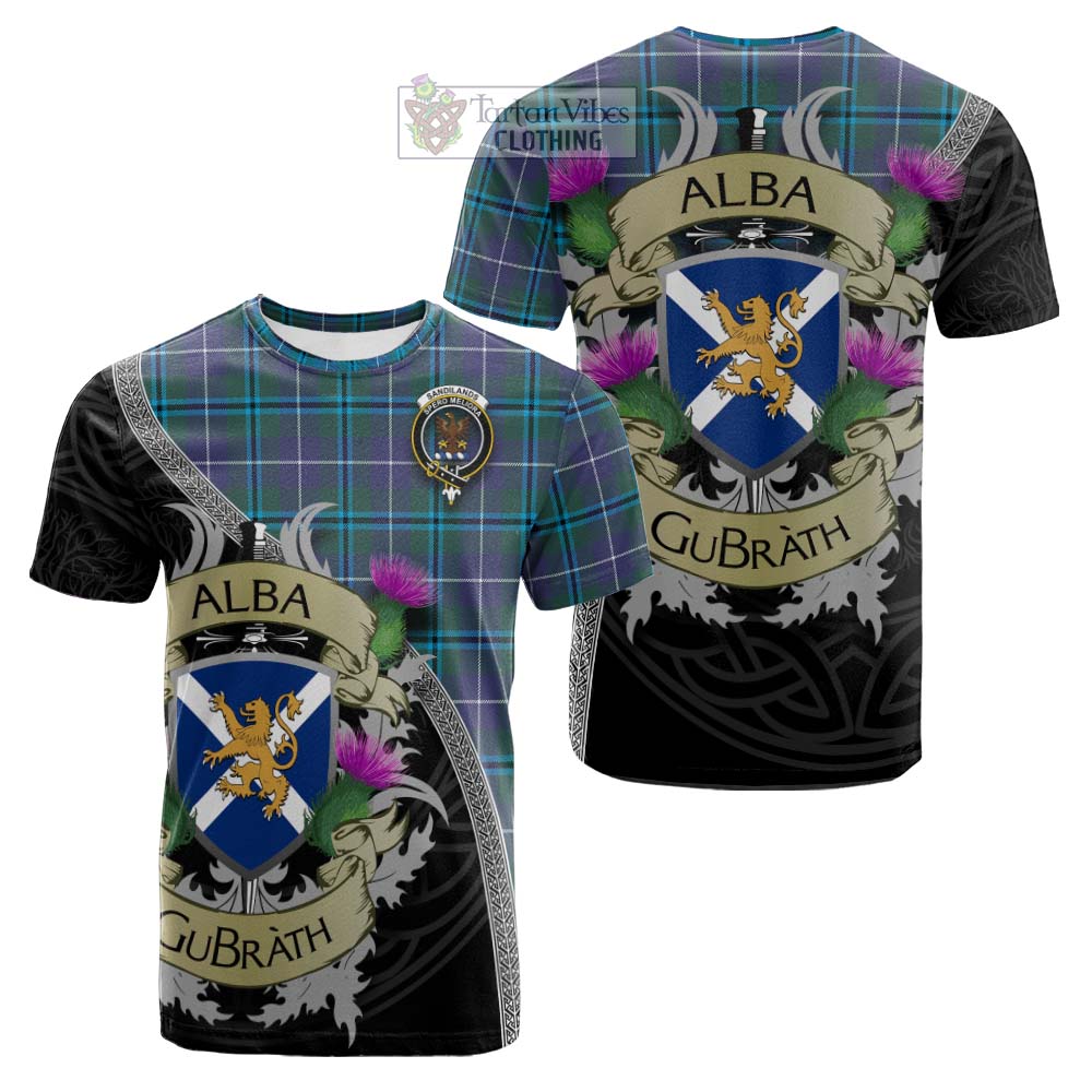 Tartan Vibes Clothing Sandilands Tartan Family Crest Cotton T-shirt Lion Rampant Royal Thistle Shield Celtic Inspired