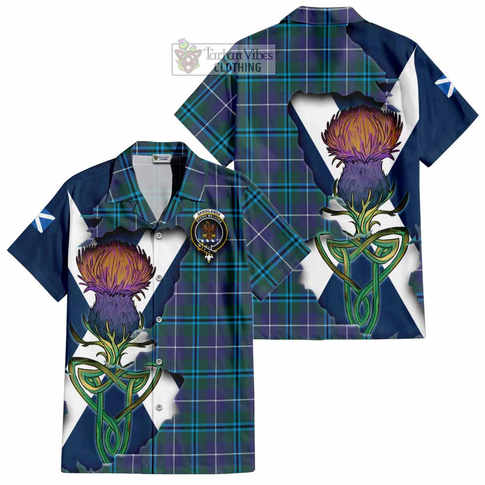 Tartan Vibes Clothing Sandilands Tartan Family Crest Short Sleeve Button Shirt Scottish Thistle Celtic Inspired