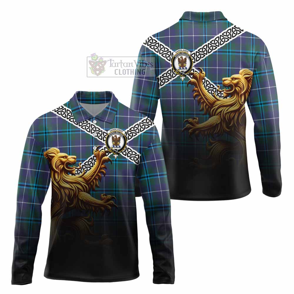 Tartan Vibes Clothing Sandilands Crest Tartan Long Sleeve Polo Shirt with Golden Lion Emblem Celtic Style