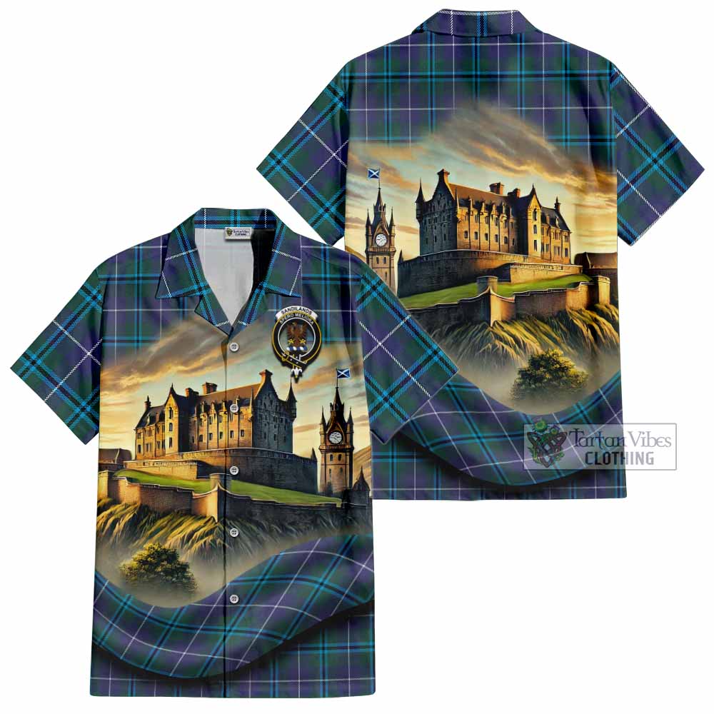 Tartan Vibes Clothing Sandilands Tartan Family Crest Short Sleeve Button Shirt with Scottish Ancient Castle Style