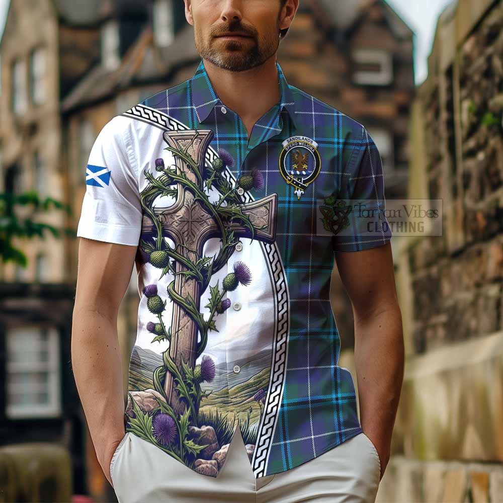 Tartan Vibes Clothing Sandilands Tartan Short Sleeve Button Shirt with Family Crest and St. Andrew's Cross Accented by Thistle Vines