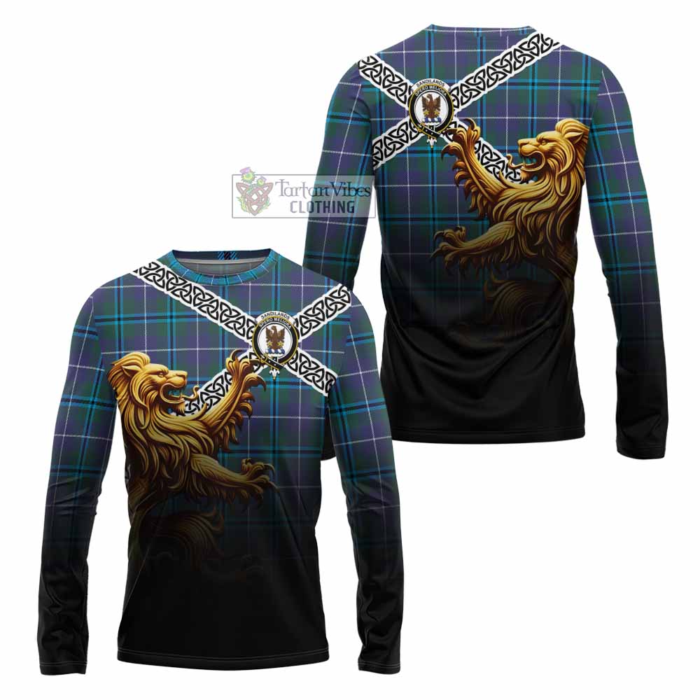 Tartan Vibes Clothing Sandilands Crest Tartan Long Sleeve T-Shirt with Golden Lion Emblem Celtic Style