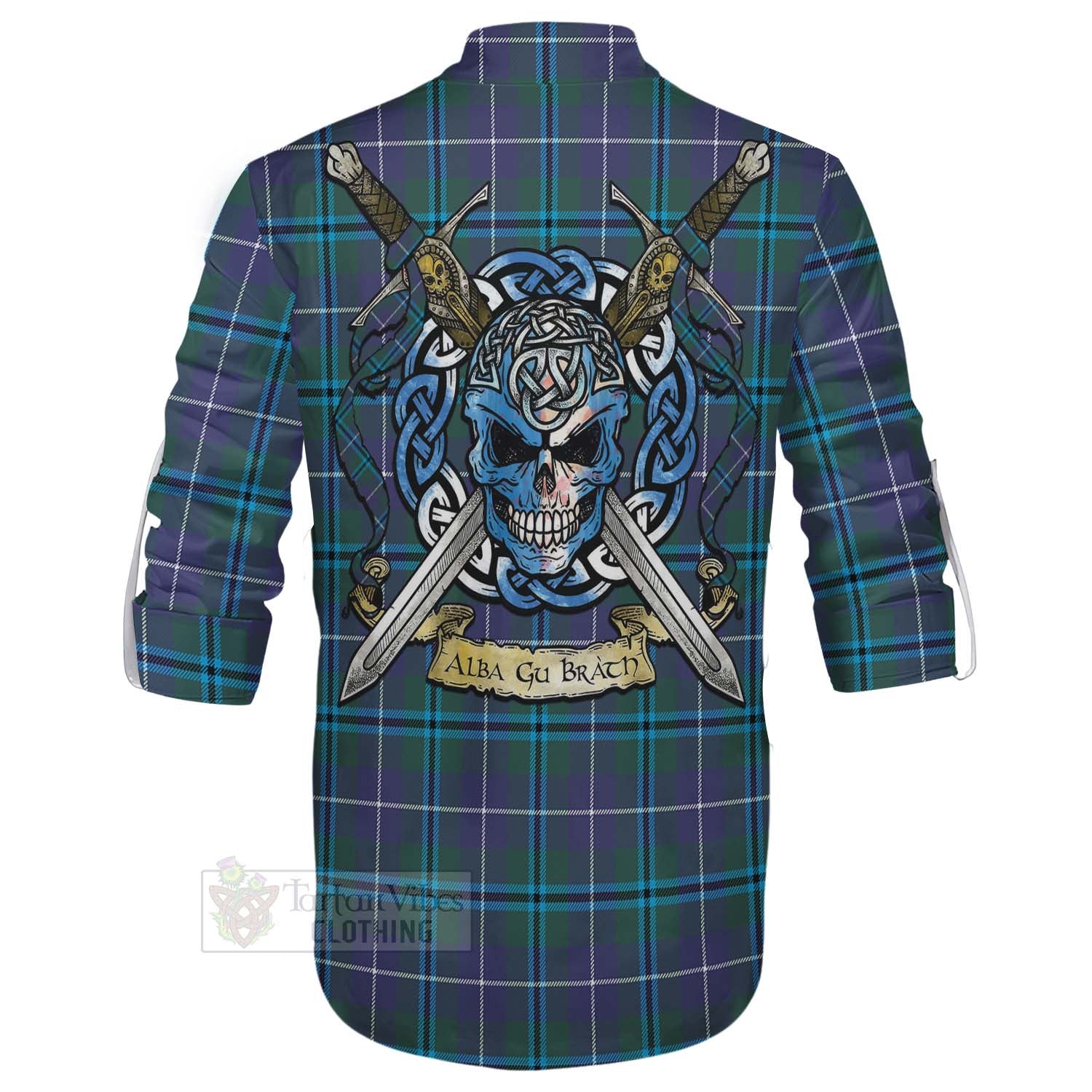 Tartan Vibes Clothing Sandilands Tartan Ghillie Kilt Shirt with Family Crest Celtic Skull Style