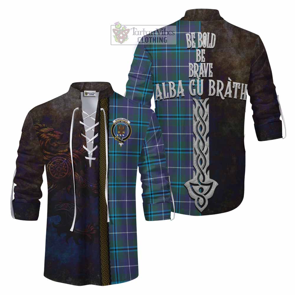 Tartan Vibes Clothing Sandilands Tartan Family Crest Ghillie Kilt Shirt Alba Gu Brath Be Brave Lion Ancient Style