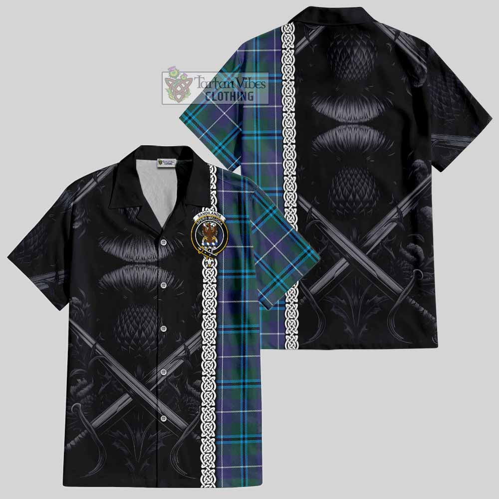Tartan Vibes Clothing Sandilands Tartan Short Sleeve Button Shirt with Family Crest Cross Sword Thistle Celtic Vibes