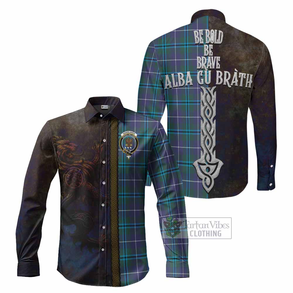 Tartan Vibes Clothing Sandilands Tartan Family Crest Long Sleeve Button Shirt Alba Gu Brath Be Brave Lion Ancient Style