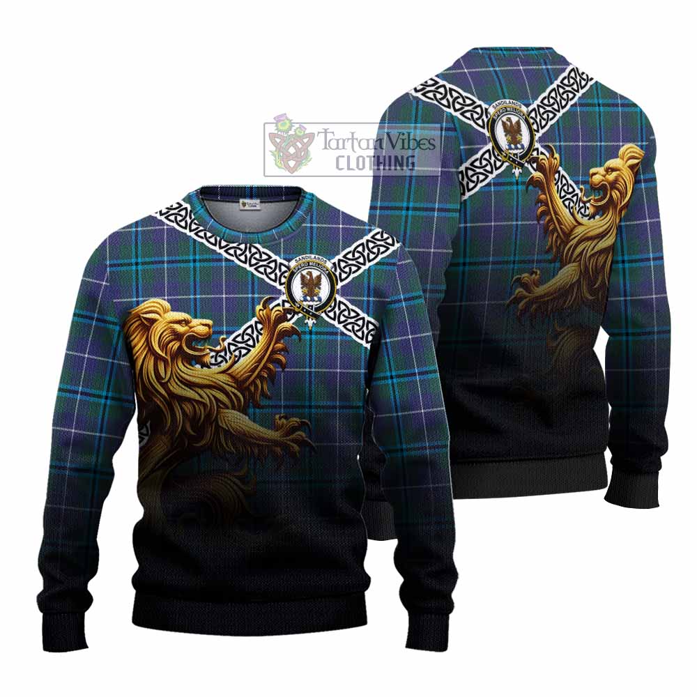 Tartan Vibes Clothing Sandilands Crest Tartan Knitted Sweater with Golden Lion Emblem Celtic Style