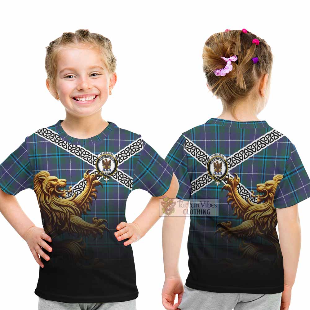 Tartan Vibes Clothing Sandilands Crest Tartan Kid T-Shirt with Golden Lion Emblem Celtic Style