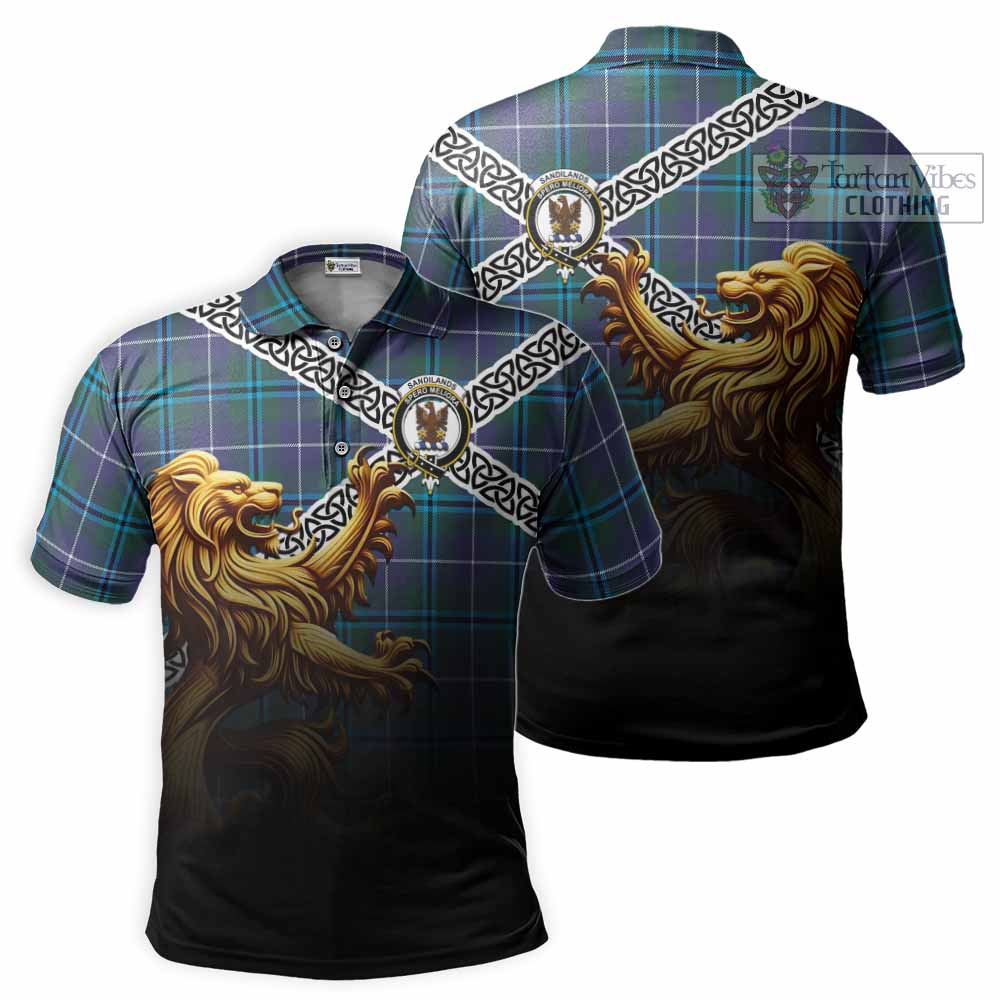 Tartan Vibes Clothing Sandilands Crest Tartan Polo Shirt with Golden Lion Emblem Celtic Style