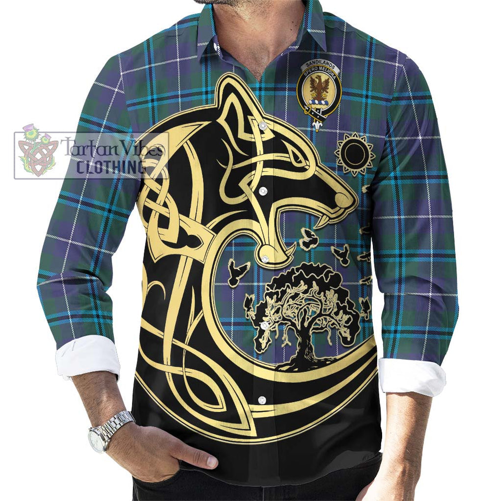 Sandilands Tartan Long Sleeve Button Shirt with Family Crest Celtic Wolf Style - Tartan Vibes Clothing