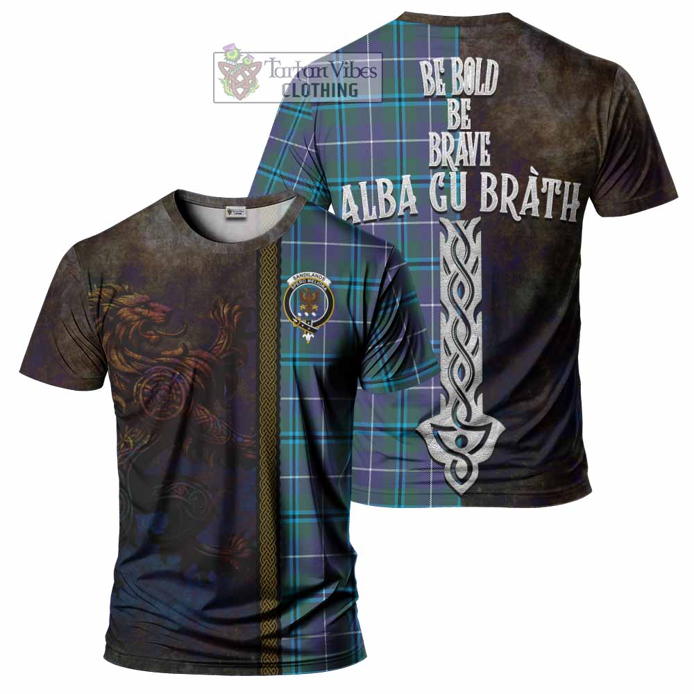 Tartan Vibes Clothing Sandilands Tartan Family Crest T-Shirt Alba Gu Brath Be Brave Lion Ancient Style