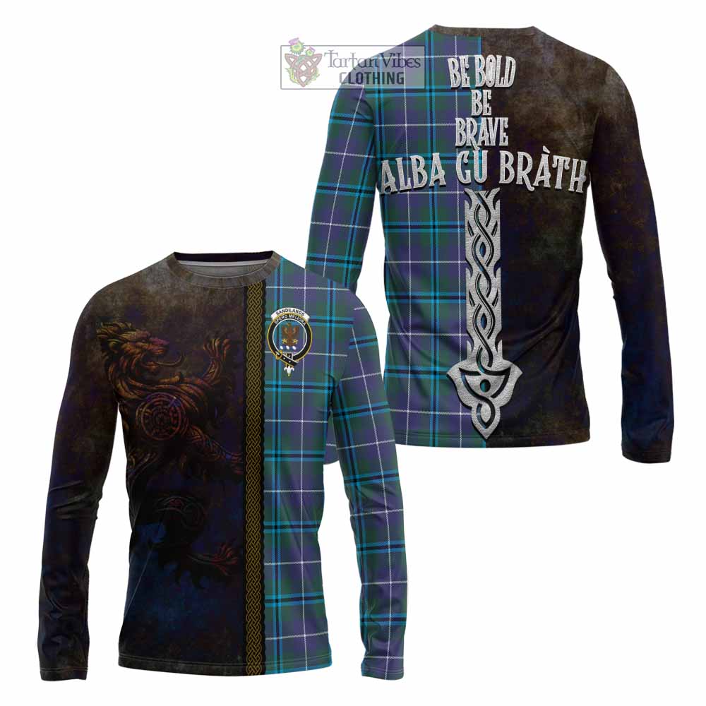 Tartan Vibes Clothing Sandilands Tartan Family Crest Long Sleeve T-Shirt Alba Gu Brath Be Brave Lion Ancient Style