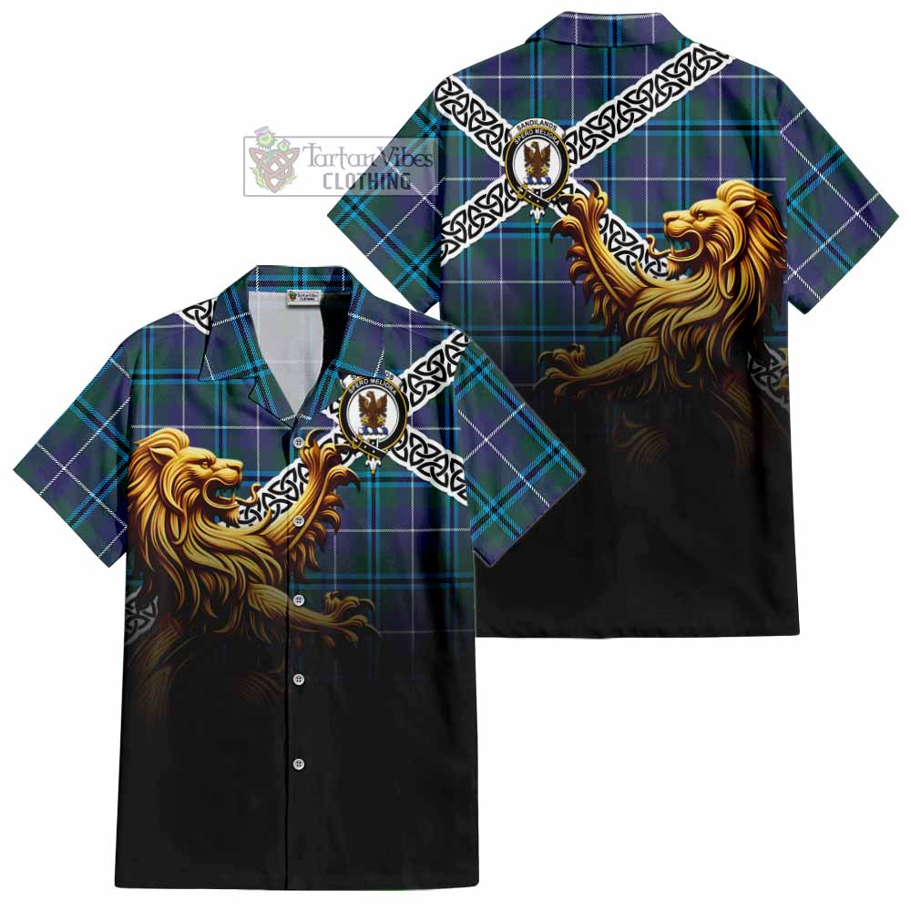 Tartan Vibes Clothing Sandilands Crest Tartan Short Sleeve Button Shirt with Golden Lion Emblem Celtic Style