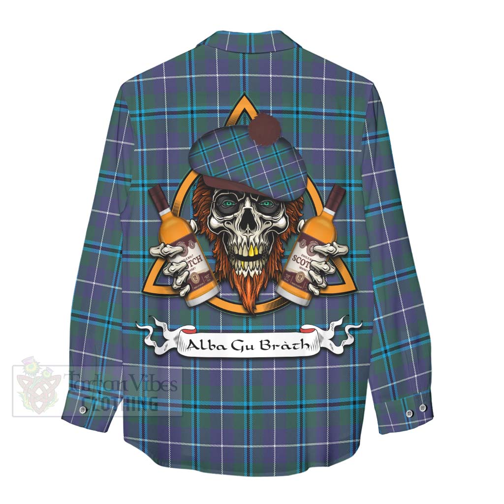 Tartan Vibes Clothing Sandilands Tartan Women's Casual Shirt with Family Crest and Bearded Skull Holding Bottles of Whiskey