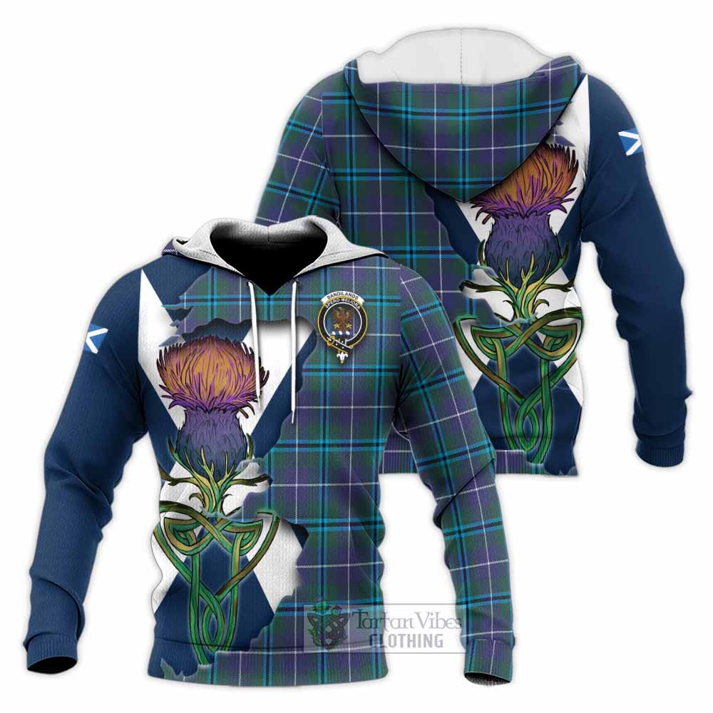 Tartan Vibes Clothing Sandilands Tartan Family Crest Knitted Hoodie Scottish Thistle Celtic Inspired