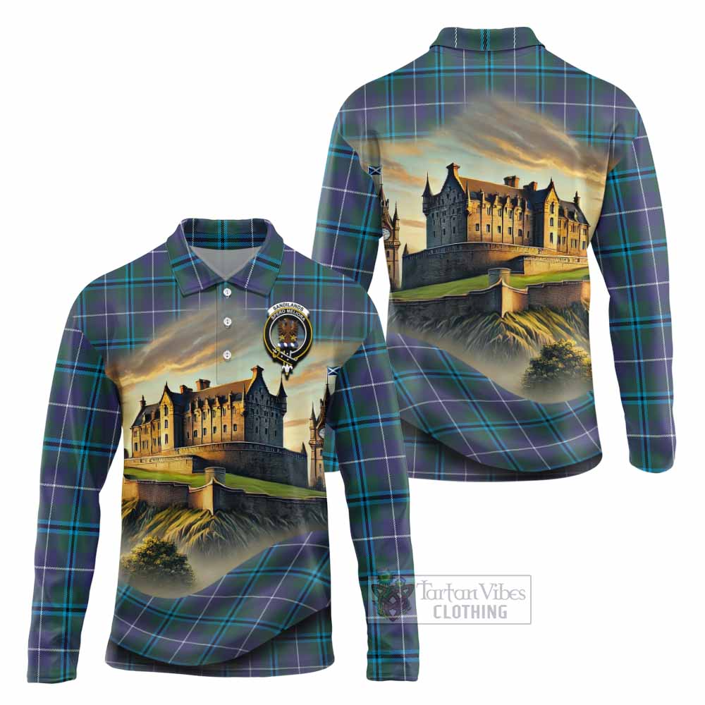 Tartan Vibes Clothing Sandilands Tartan Family Crest Long Sleeve Polo Shirt with Scottish Ancient Castle Style