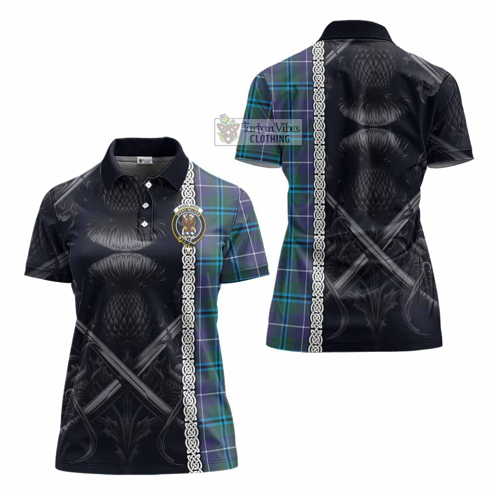 Tartan Vibes Clothing Sandilands Tartan Women's Polo Shirt with Family Crest Cross Sword Thistle Celtic Vibes