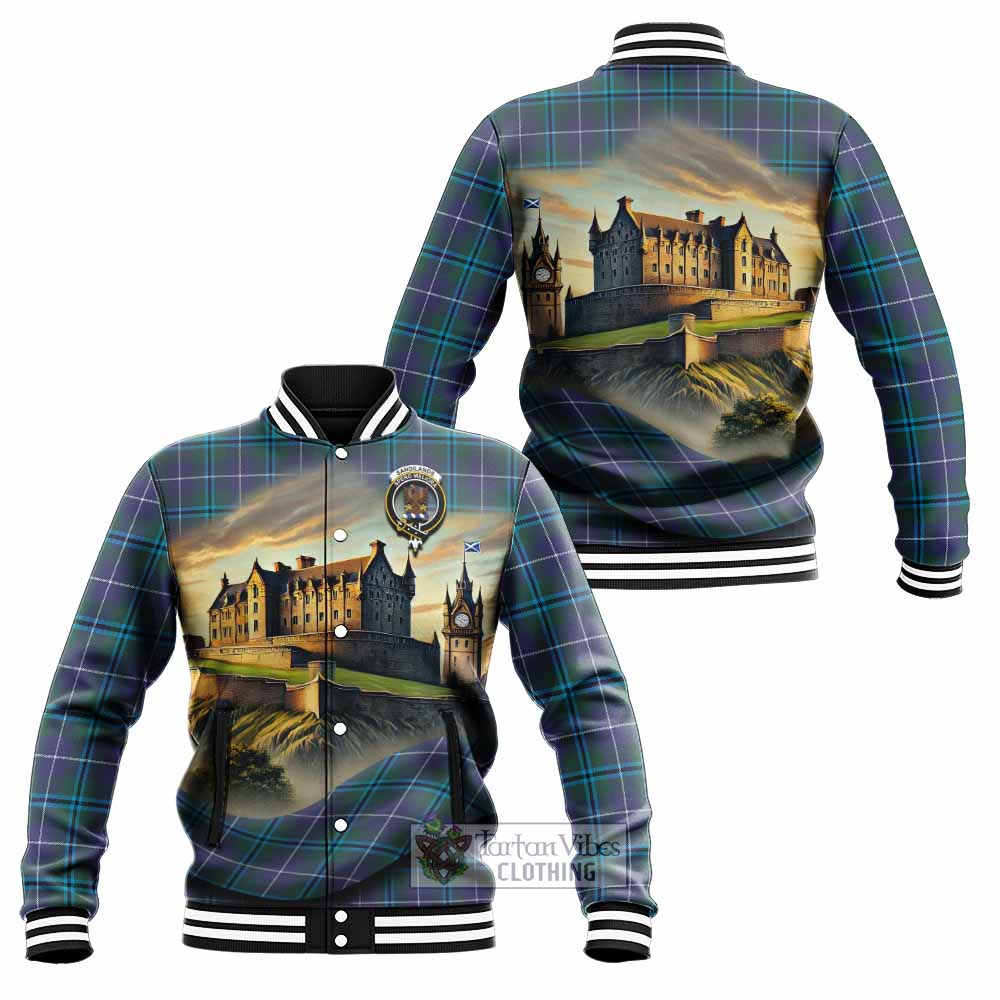 Tartan Vibes Clothing Sandilands Tartan Family Crest Baseball Jacket with Scottish Ancient Castle Style