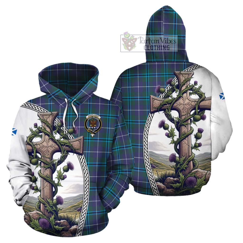 Tartan Vibes Clothing Sandilands Tartan Cotton Hoodie with Family Crest and St. Andrew's Cross Accented by Thistle Vines