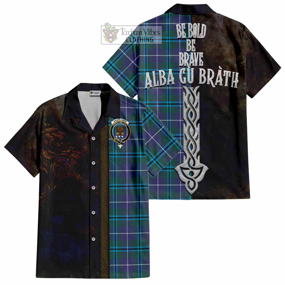 Tartan Vibes Clothing Sandilands Tartan Family Crest Short Sleeve Button Shirt Alba Gu Brath Be Brave Lion Ancient Style