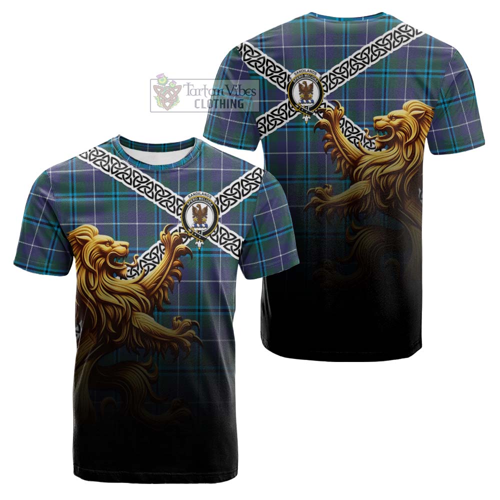 Tartan Vibes Clothing Sandilands Crest Tartan Cotton T-shirt with Golden Lion Emblem Celtic Style