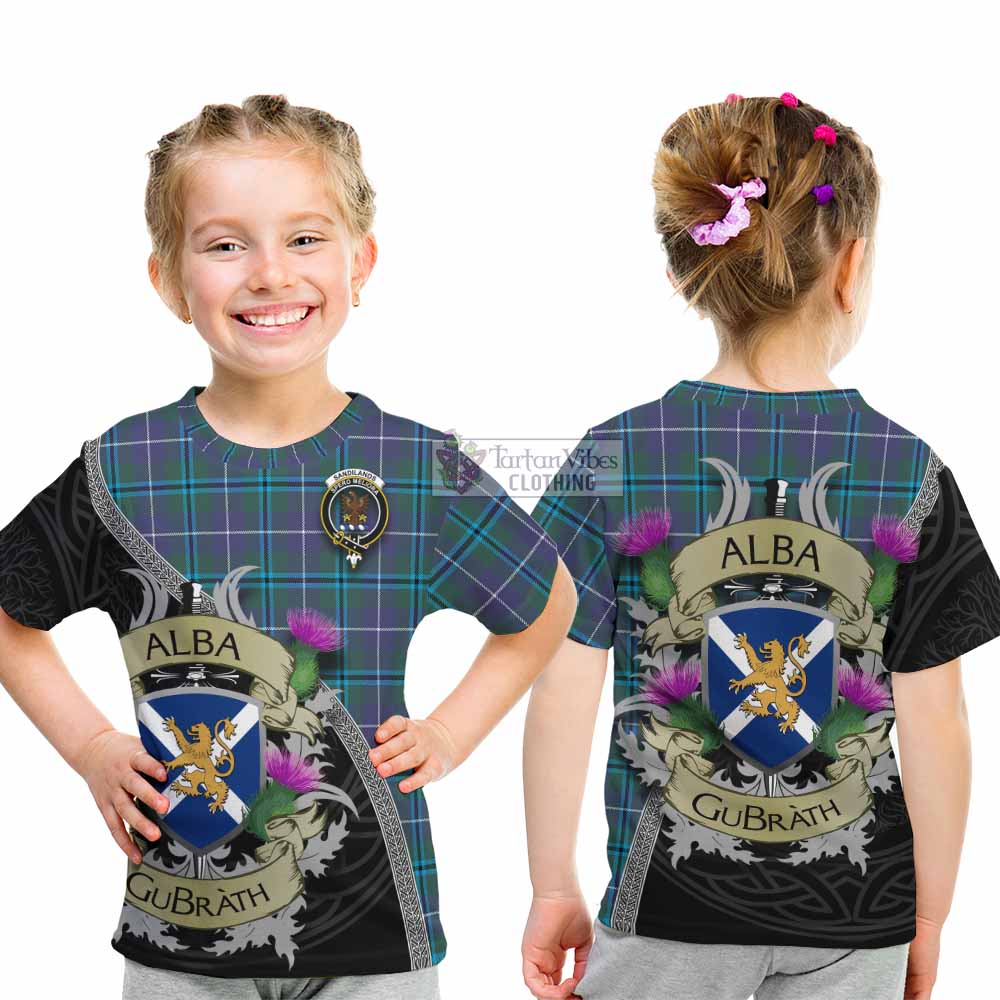 Tartan Vibes Clothing Sandilands Tartan Family Crest Kid T-Shirt Lion Rampant Royal Thistle Shield Celtic Inspired