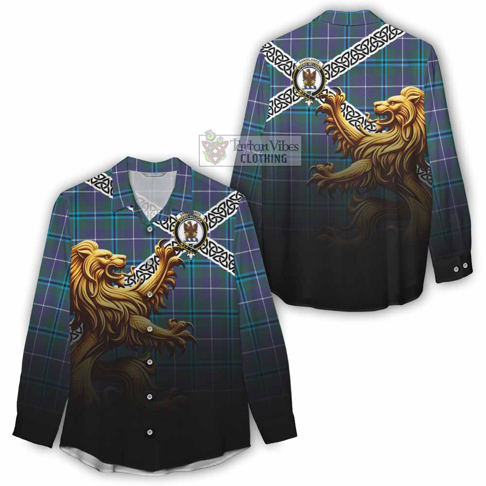 Tartan Vibes Clothing Sandilands Crest Tartan Women's Casual Shirt with Golden Lion Emblem Celtic Style