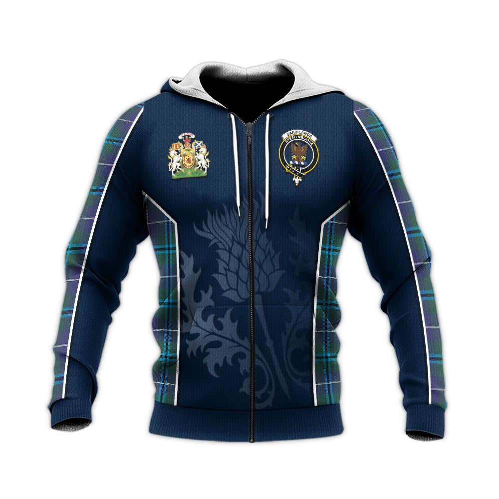 Tartan Vibes Clothing Sandilands Tartan Knitted Hoodie with Family Crest and Scottish Thistle Vibes Sport Style